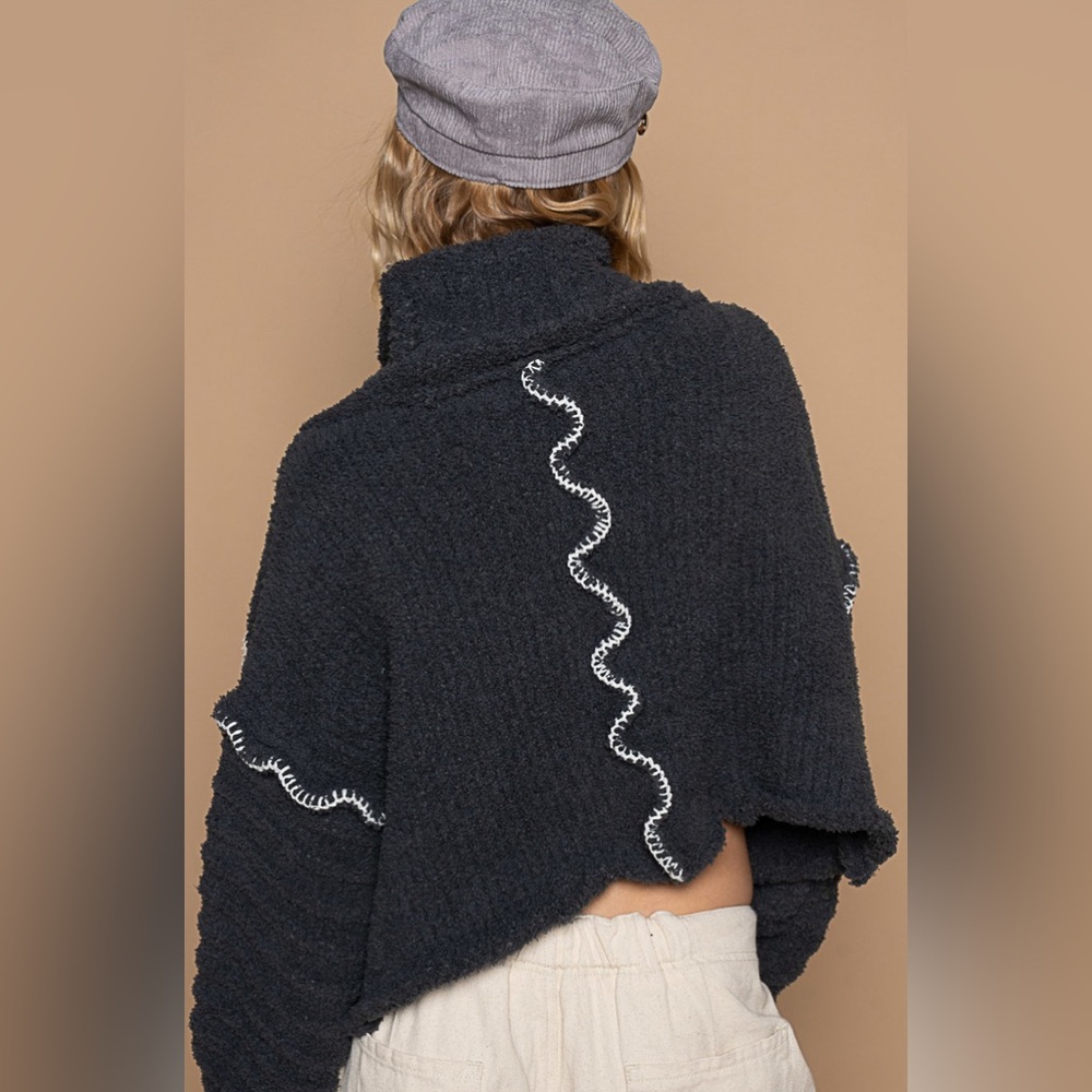 164. NWOT POL Dark Gray Cowl Neck Sweater with Pink Flower Details - Picture 4 of 4